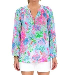 Lilly Pulitzer Elsa Silk Top in Celestial‎ Blue Cay to My Heart
